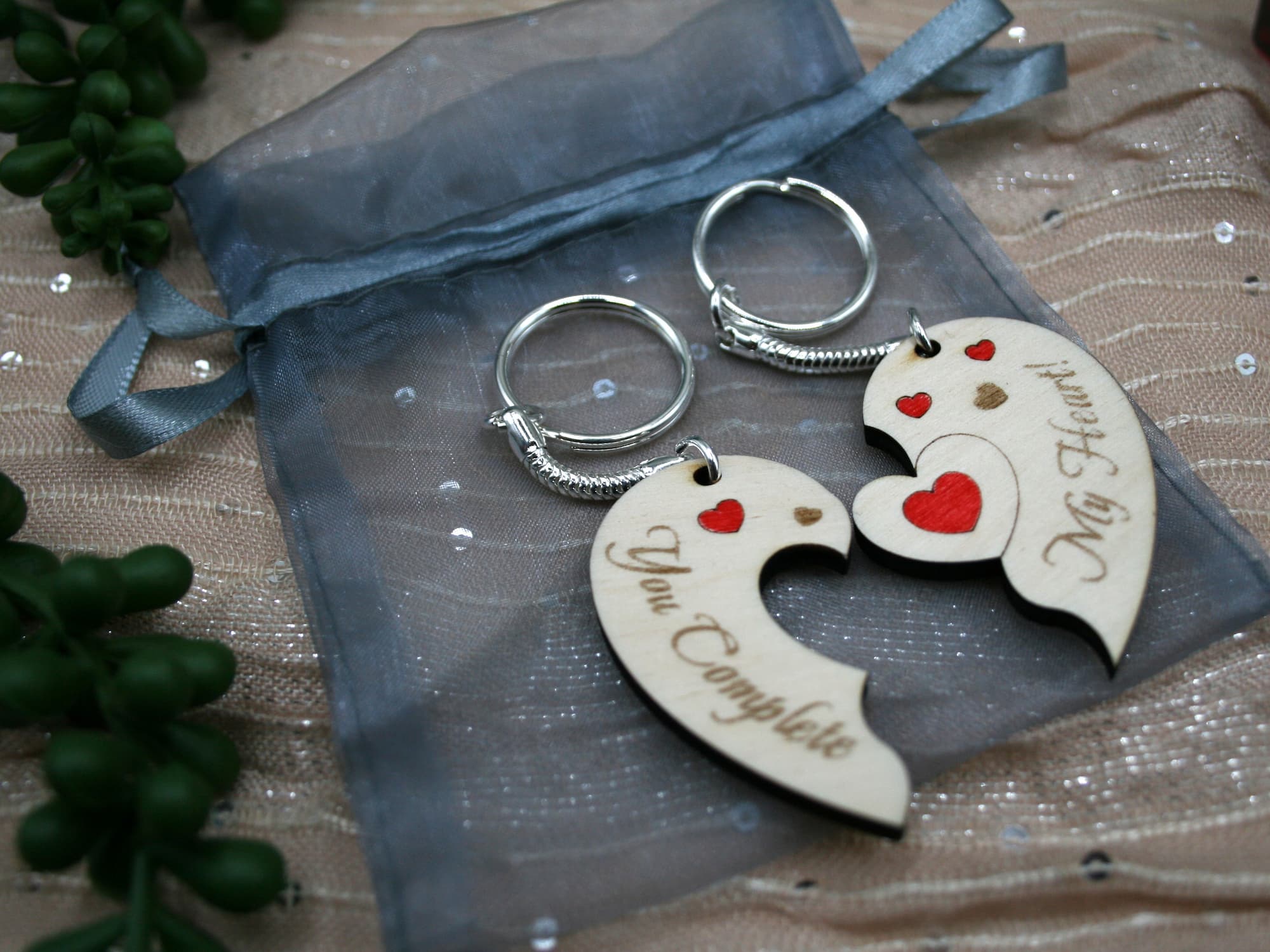 Personalised Engraved Wooden Jigsaw Heart Keyrings