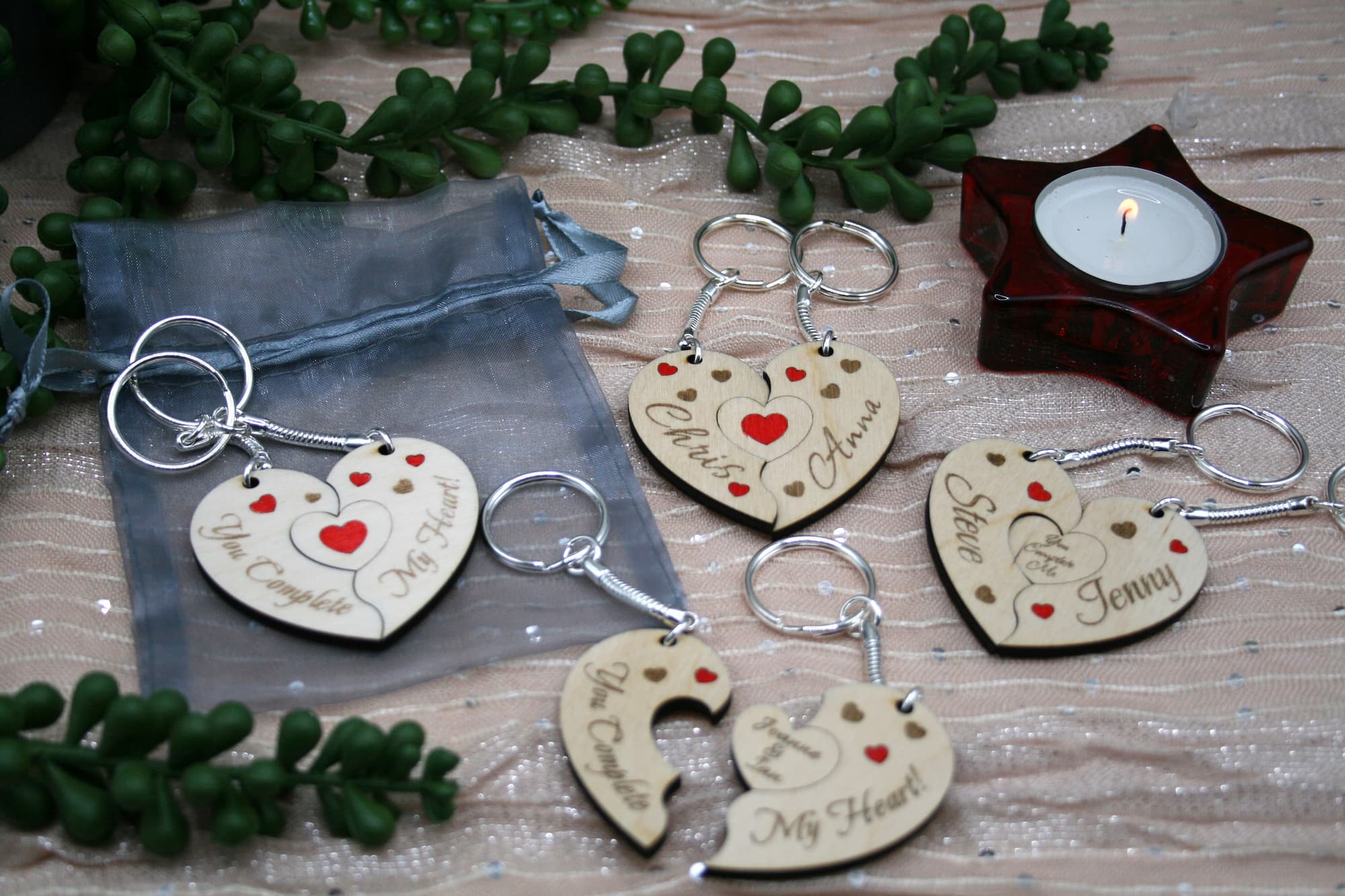Personalised Engraved Wooden Jigsaw Heart Keyrings