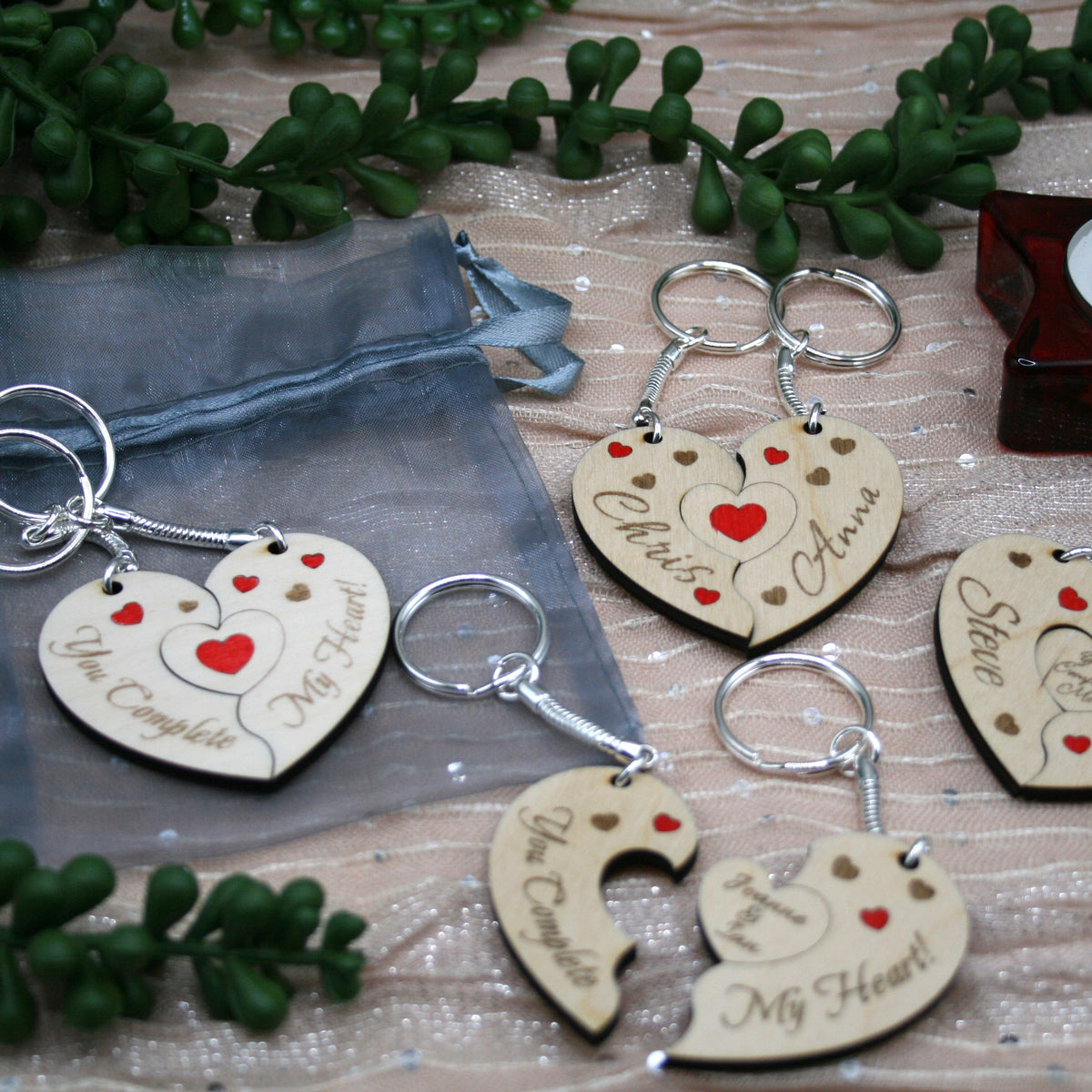 Personalised Engraved Wooden Jigsaw Heart Keyrings