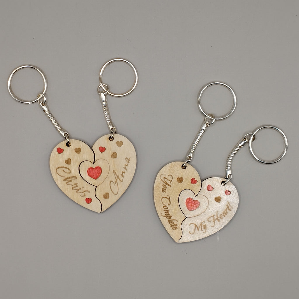 Personalised Engraved Wooden Jigsaw Heart Keyrings