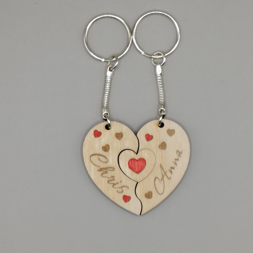 Personalised Engraved Wooden Jigsaw Heart Keyrings