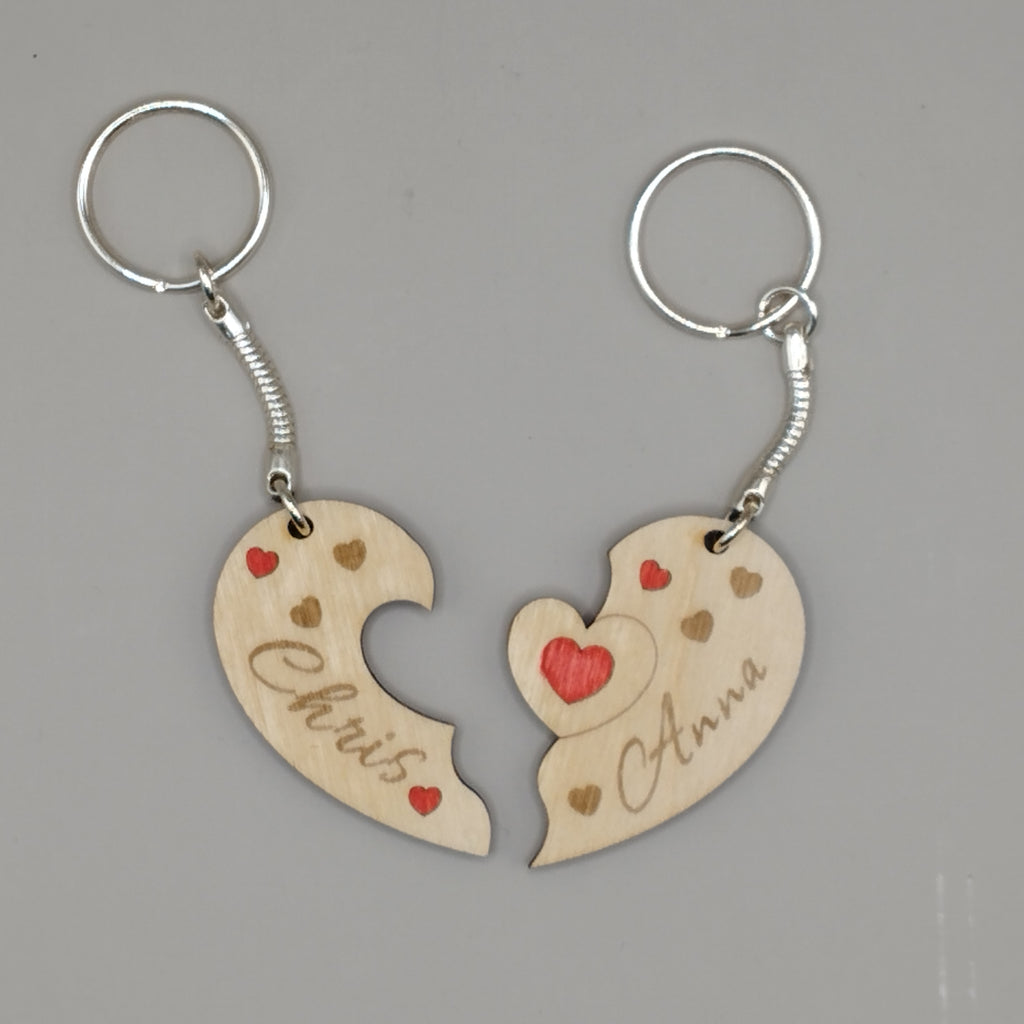 Personalised Engraved Wooden Jigsaw Heart Keyrings