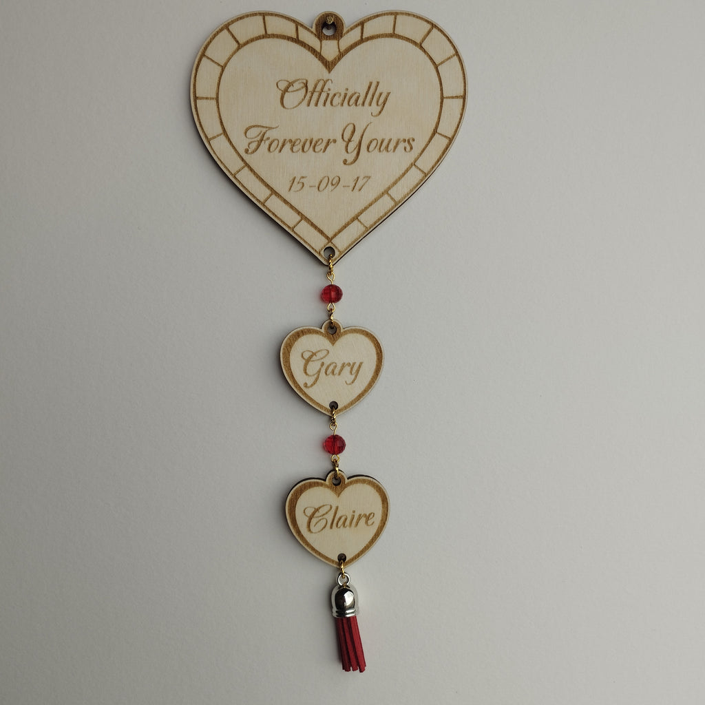 Personalised Wooden Love Heart Hanging Gift for Engaged or Married Couples