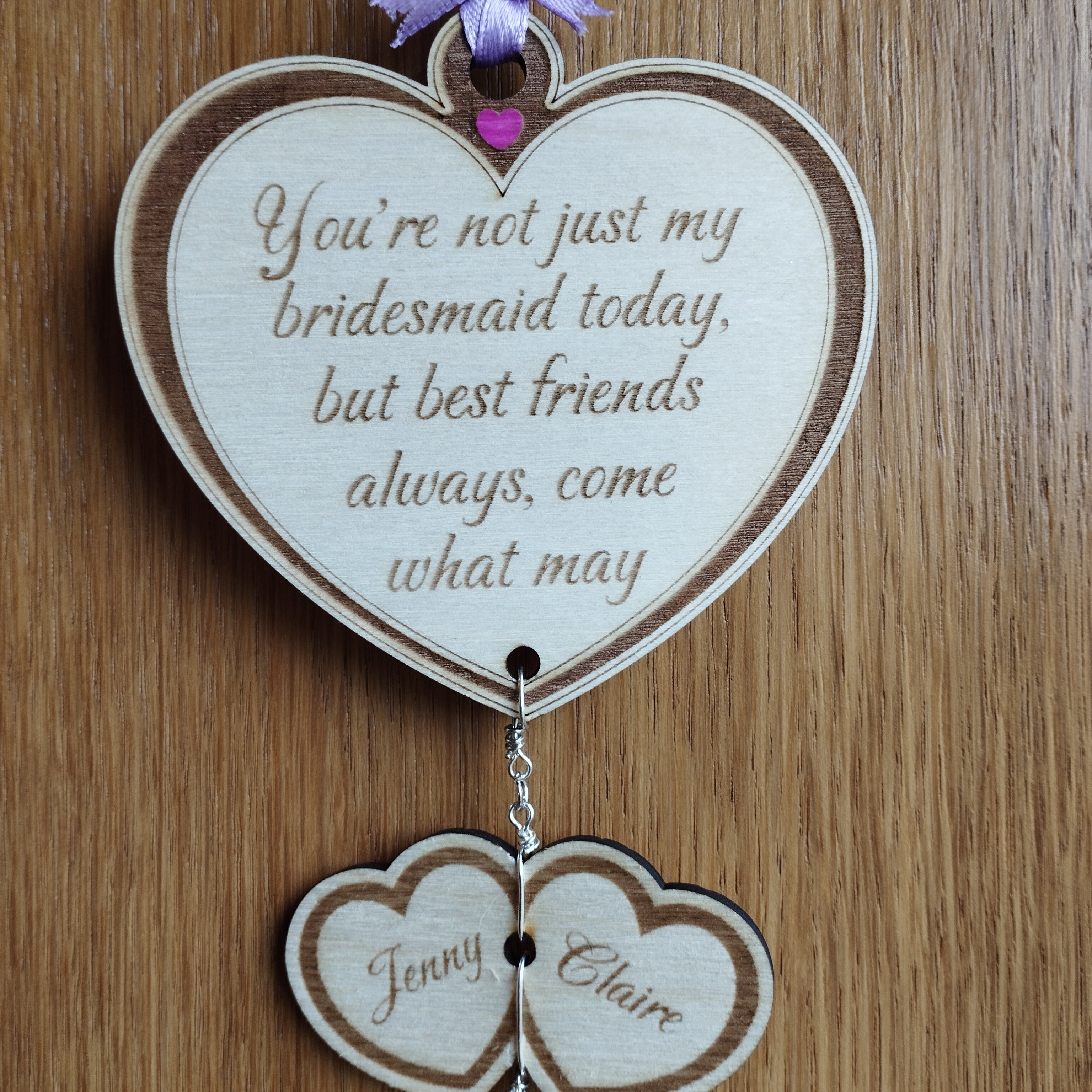 Personalised Wooden Love Heart Hanging Gift for Bridesmaids & Maid of Honour