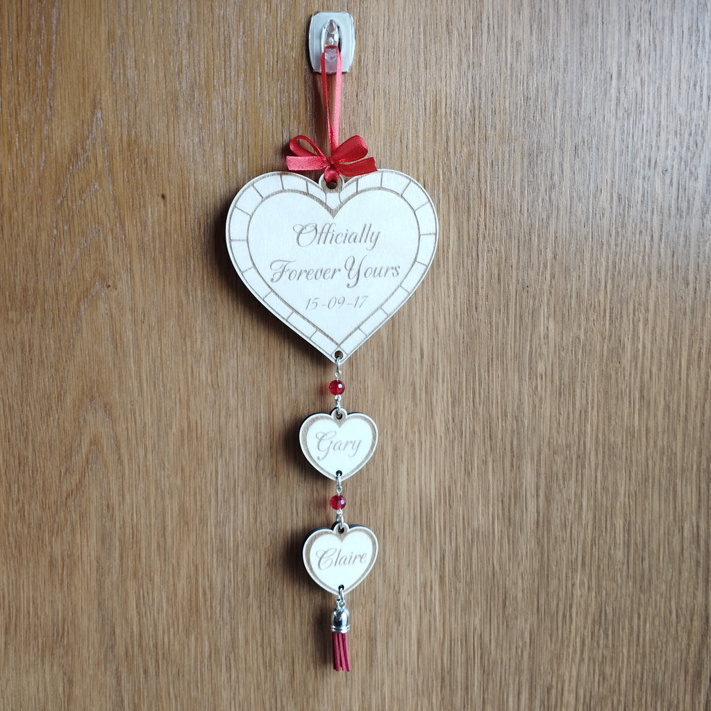 Personalised Wooden Love Heart Hanging Gift for Engaged or Married Couples