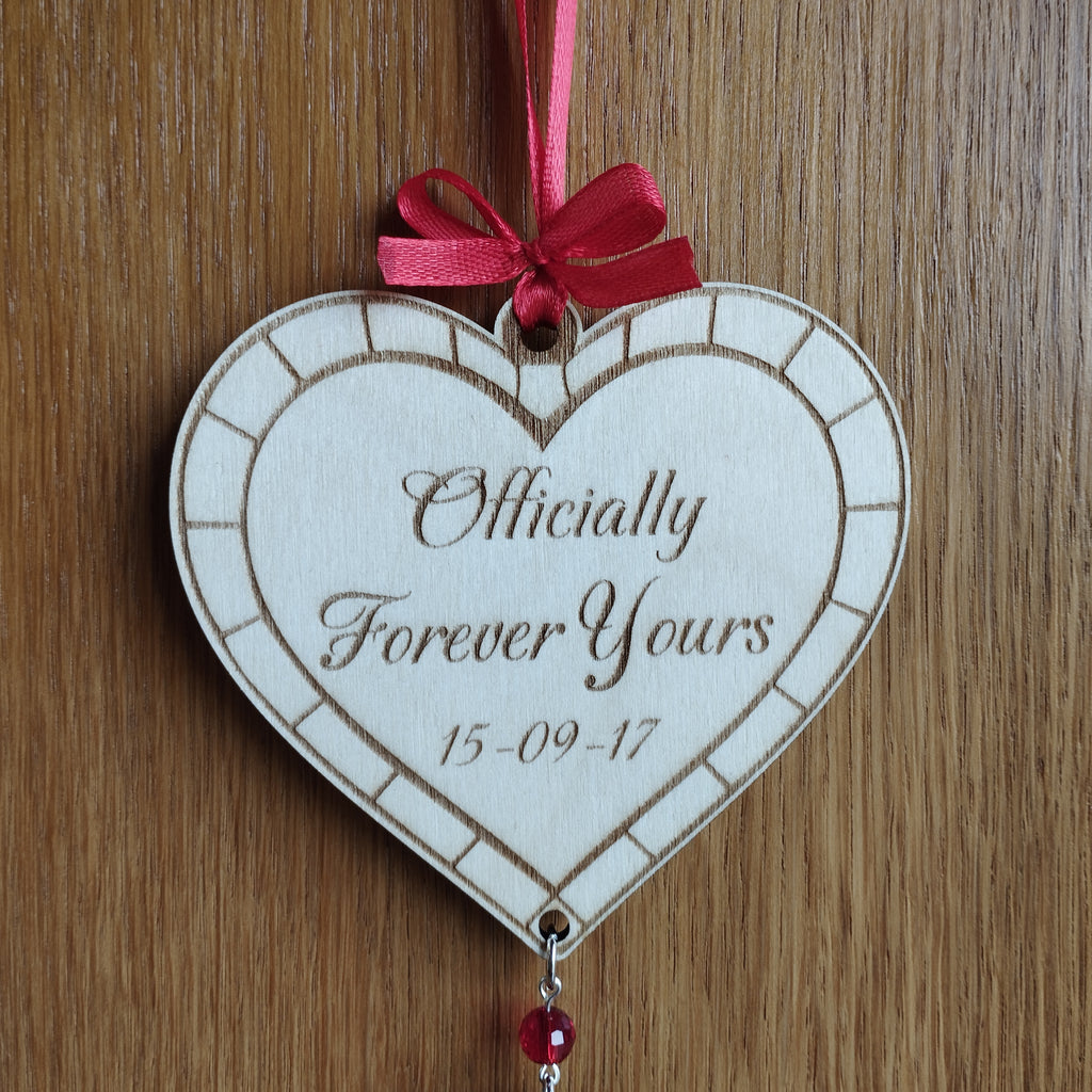 Personalised Wooden Love Heart Hanging Gift for Engaged or Married Couples