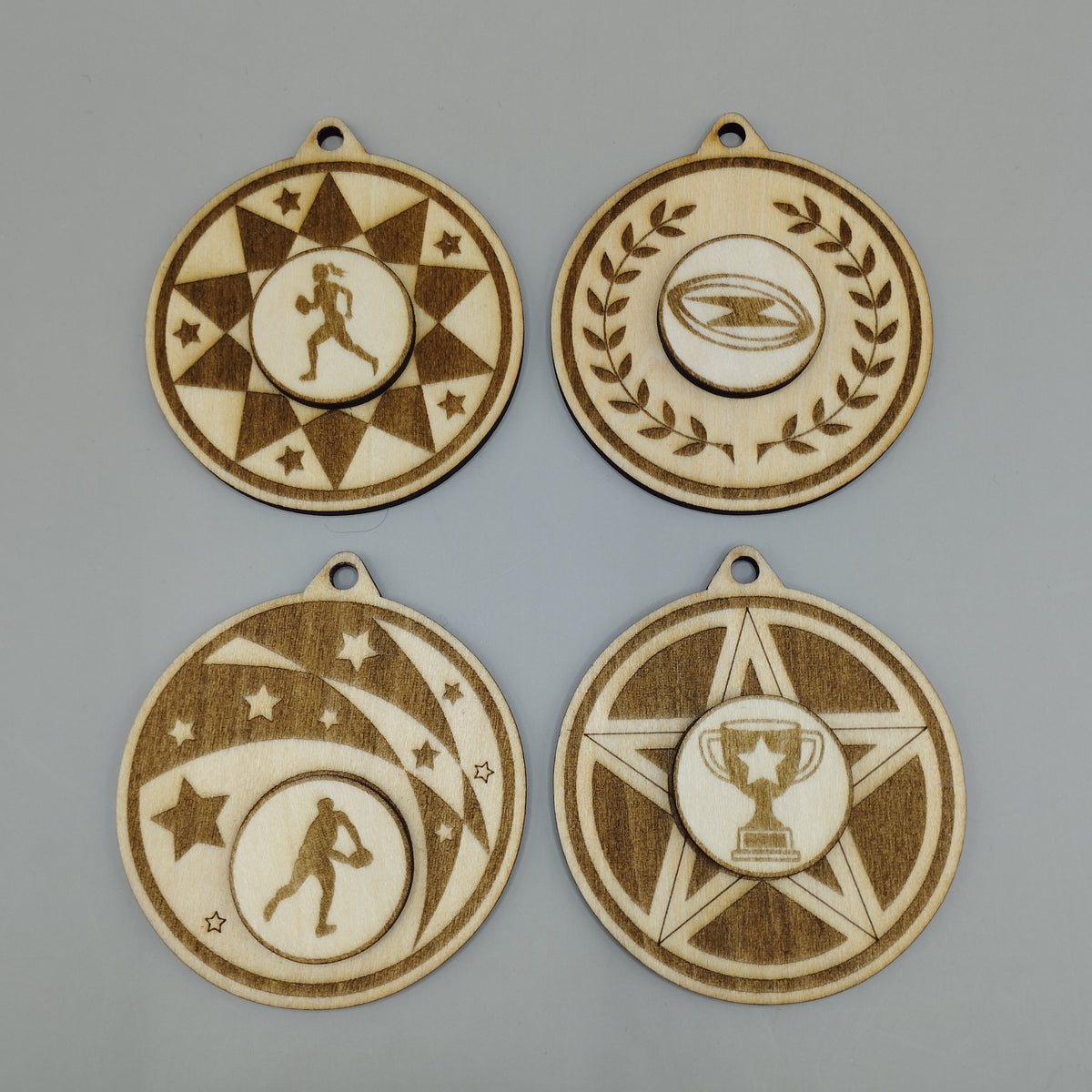 Personalised Wooden Football and Rugby Medals