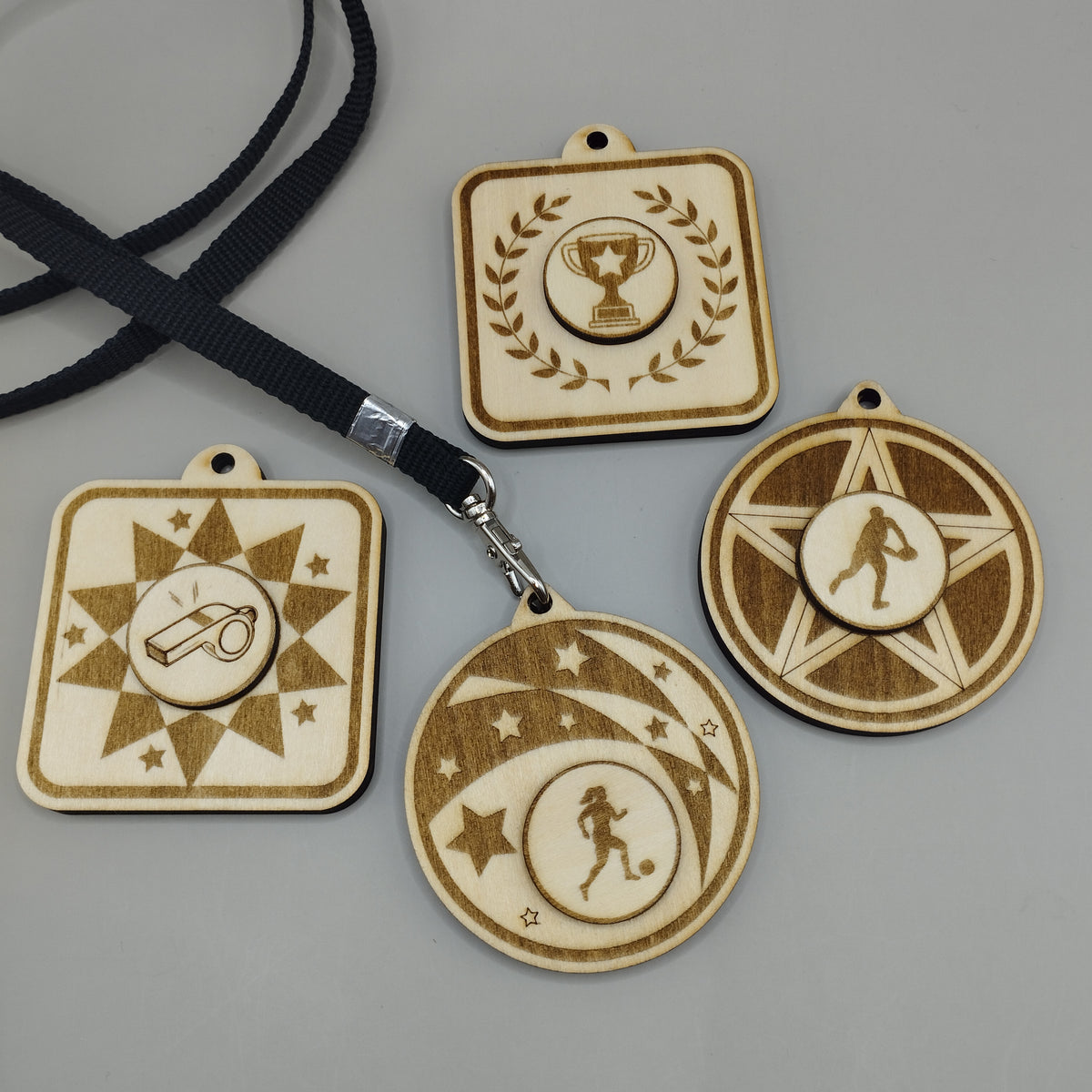 Personalised Wooden Football and Rugby Medals
