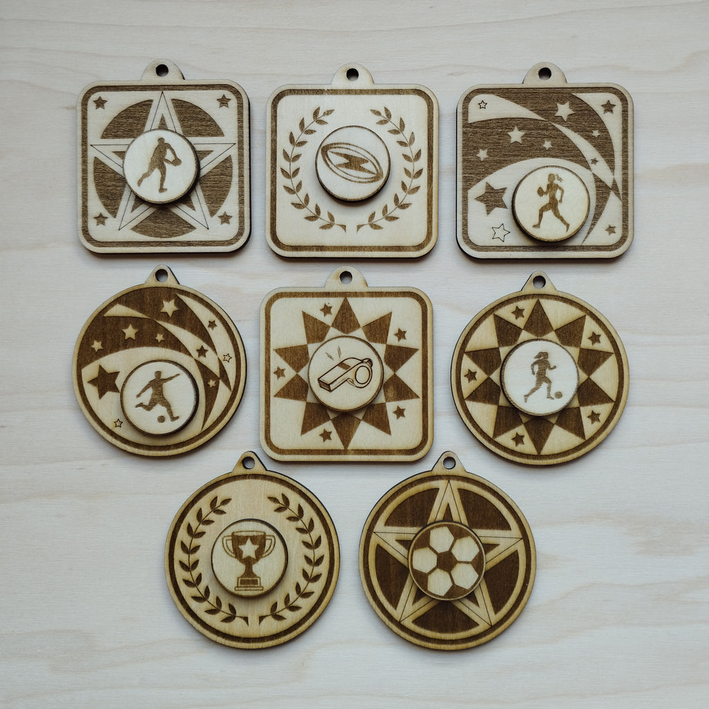 Personalised Wooden Football and Rugby Medals